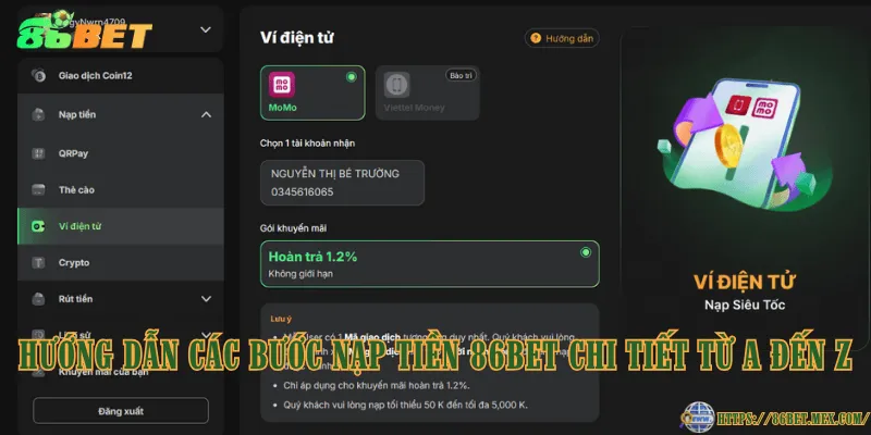 Hướng dẫn các bước nạp tiền 86BET chi tiết từ A đến Z